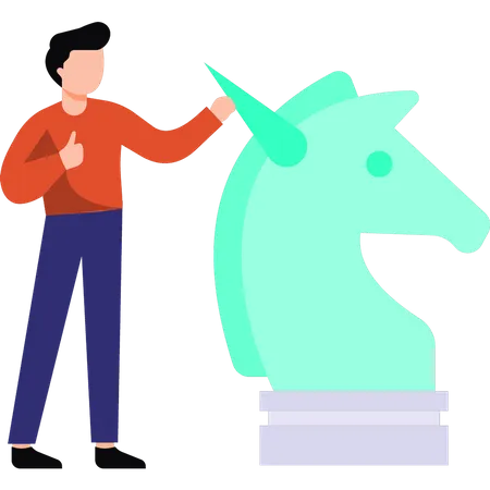 Man standing next to chess horse  イラスト