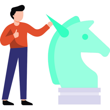 Man standing next to chess horse  Illustration
