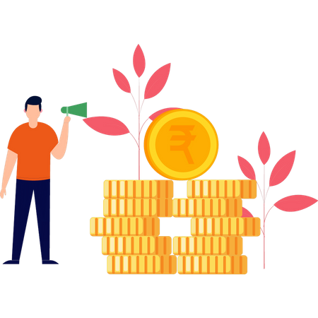 Man standing next to coins  イラスト