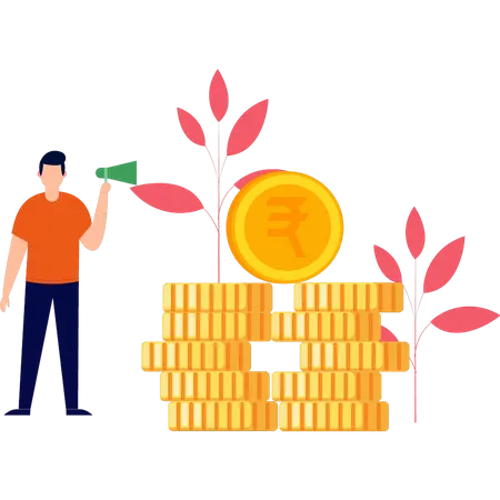 Man standing next to coins  Illustration