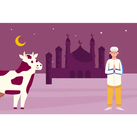 Man standing next to cow  Illustration