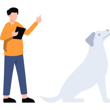 Man standing next to dog and holding tab  イラスト