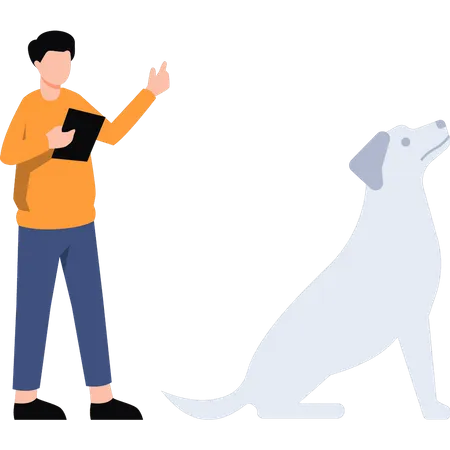 Man standing next to dog and holding tab  Illustration