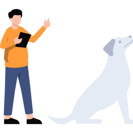 Man standing next to dog and holding tab  Illustration