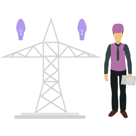 Man standing next to electricity tower  Illustration