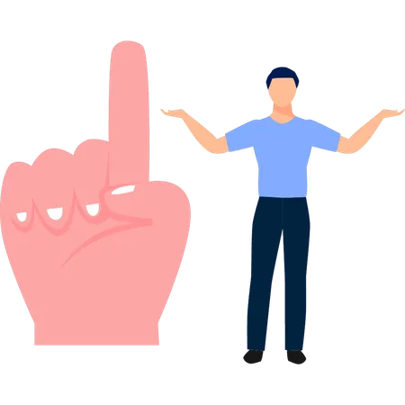 Man standing next to hand  Illustration