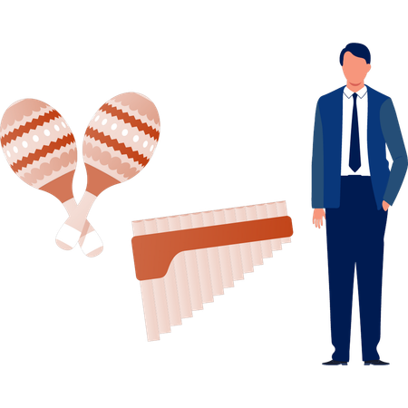 Man standing next to pan flute  Illustration