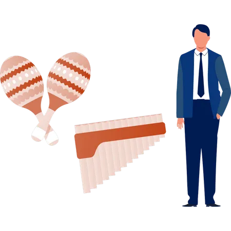 Man standing next to pan flute  Illustration