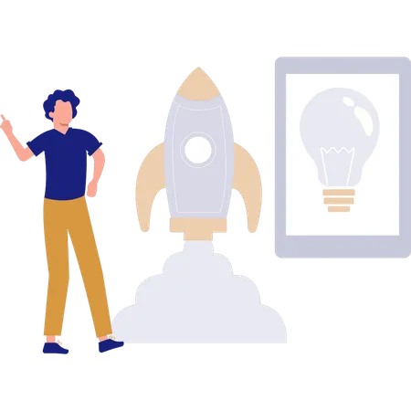 The Boy Is Standing Next To The Startup Rocket Illustration