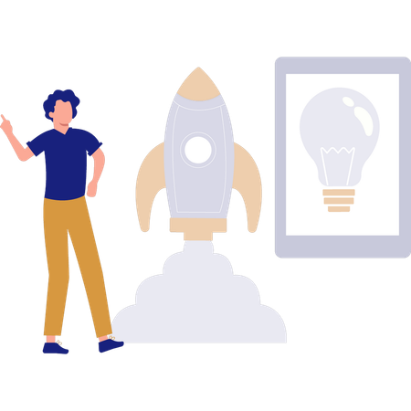 Man standing next to startup rocket  Illustration