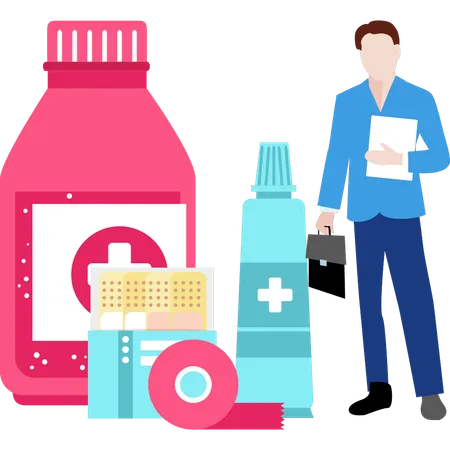 Man standing next to supplements  Illustration