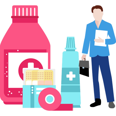 Man standing next to supplements  Illustration