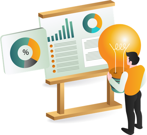 Man standing next to whiteboard with  brainstorming analytics idea  Illustration