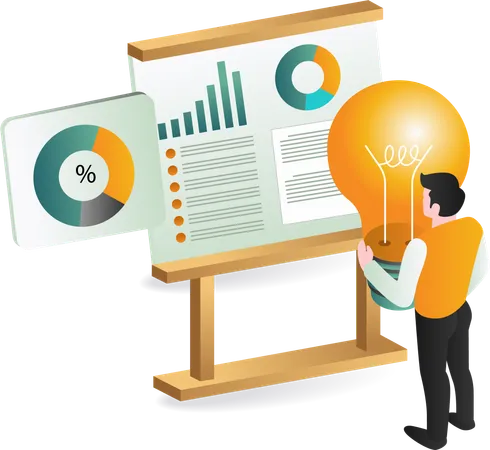 Man standing next to whiteboard with  brainstorming analytics idea  Illustration