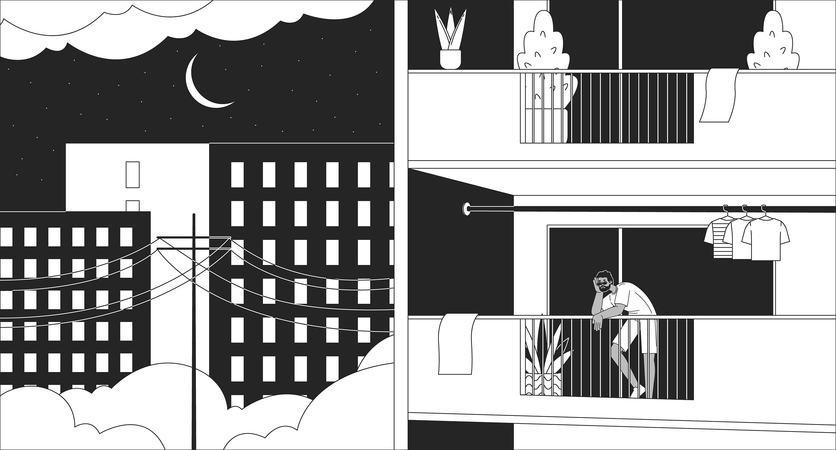 Man standing on balcony late night  Illustration