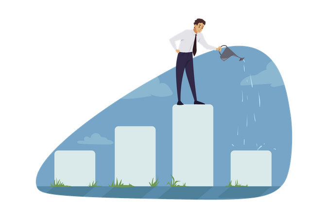 Man standing on chart and watering investment plant  Illustration