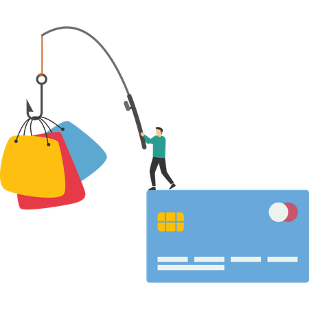 Man standing on credit card fishing with result of shopping bags.  Illustration