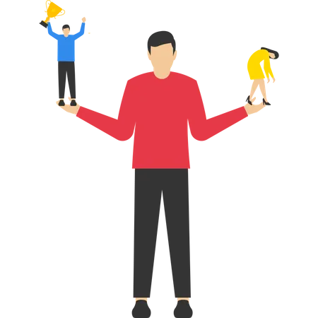 Man standing on hands comparing another side to fellow winners  Illustration
