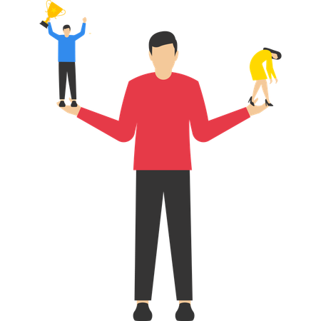 Man standing on hands comparing another side to fellow winners  Illustration