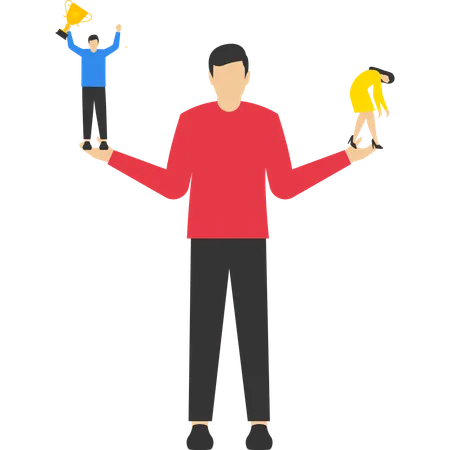 Man standing on hands comparing another side to fellow winners  Illustration