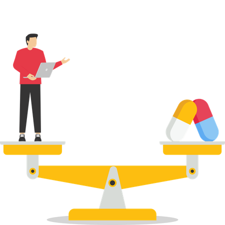 Man standing on Justice scale with work and health care  Illustration