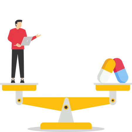 Man standing on Justice scale with work and health care  Illustration