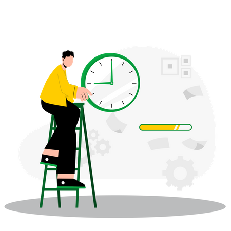 Man standing on ladder and setting clock  イラスト