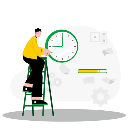 Man standing on ladder and setting clock  Illustration