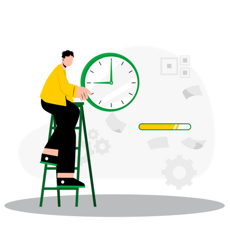 Man standing on ladder and setting clock  Illustration