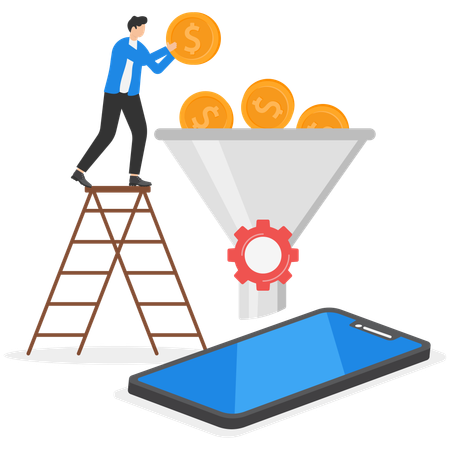 Man standing on ladder while pitting dollar coin in funnel  Illustration