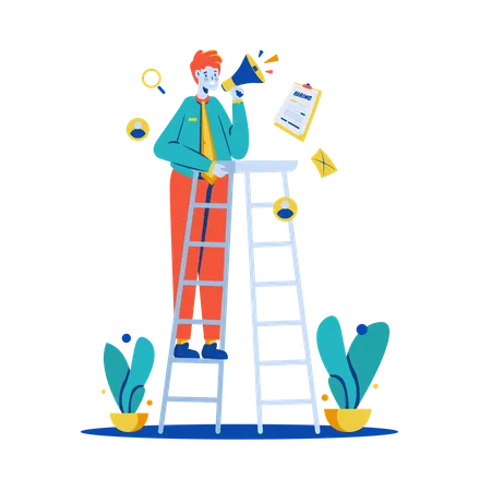 Man standing on ladder with megaphone while announcing about job  Illustration