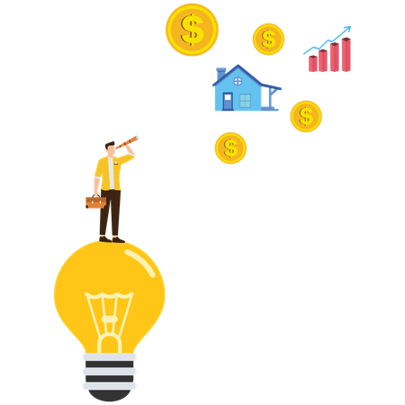 Man standing on lightbulb looking at investment  Illustration