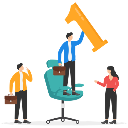 Man standing on office chair and with number one  Illustration