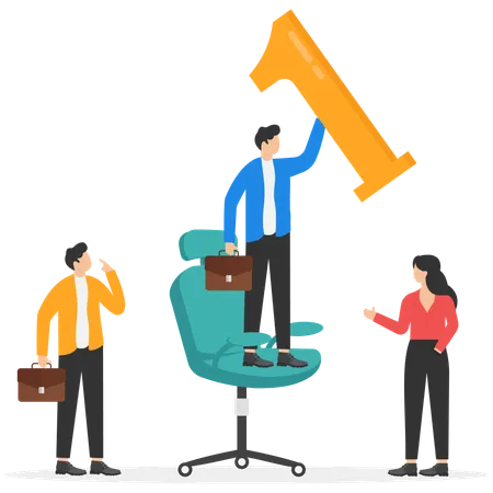 Man standing on office chair and with number one  Illustration