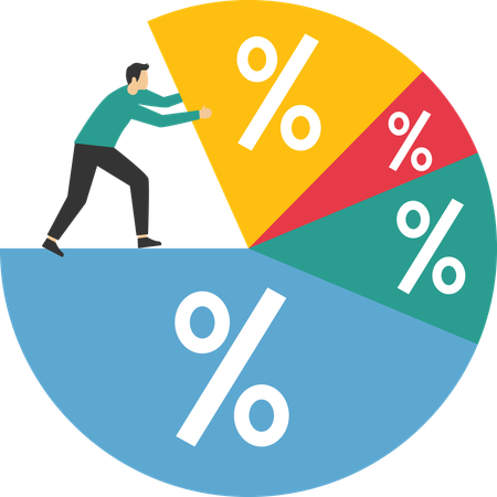 Man standing on pie chart while pushing allocation to best performance position  Illustration