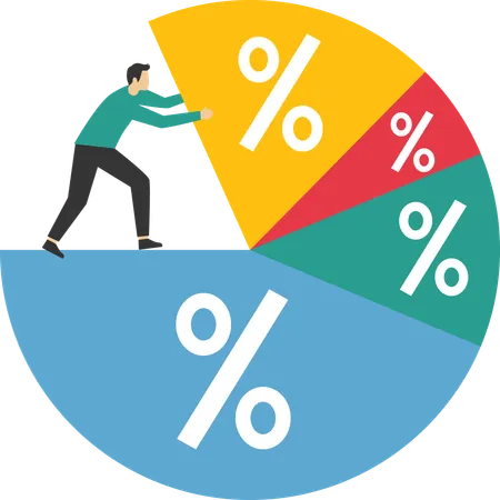 Man standing on pie chart while pushing allocation to best performance position  Illustration