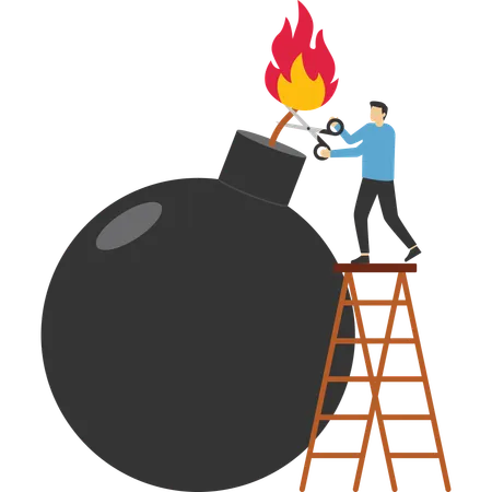 Man Standing On The Ladder Holding Scissors To Cut The Burning Bomb Fuse To Relieve The Crisis イラスト