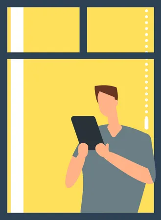 Man standing on window and using mobile Illustration