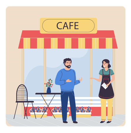 Man standing outside cafe  Illustration