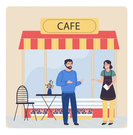 Man standing outside cafe  Illustration