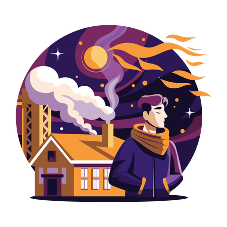 Man standing outside his house at cozy night  Illustration