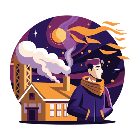 Man standing outside his house at cozy night  Illustration