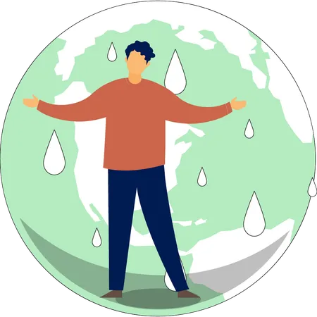 A Boy Is Standing Under Global Raindrops Illustration