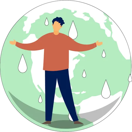 Man standing under global raindrops  Illustration