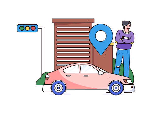 車を探しながら立っている男性  イラスト