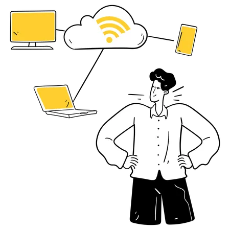 Man standing while looking Network Nodes and Devices  Illustration