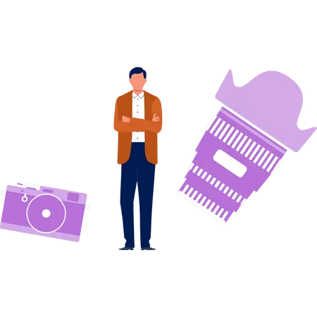Man standing with camera with lens  Illustration