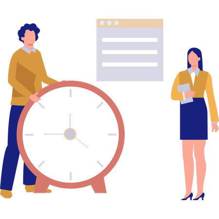 Man standing with clock while businesswoman holding report  Illustration