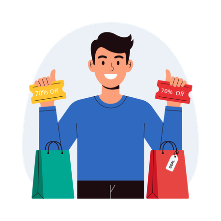 Man standing with discount shopping bags  Illustration