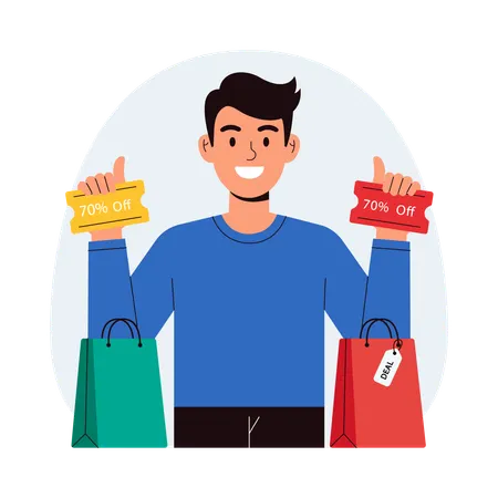 Man standing with discount shopping bags  Illustration